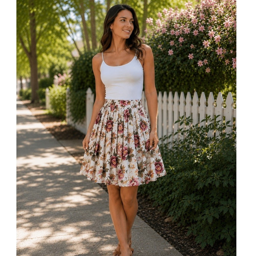New Concepts Floral A-Line Skirt Small Made in USA Elastic Waist Cottagecore vtg